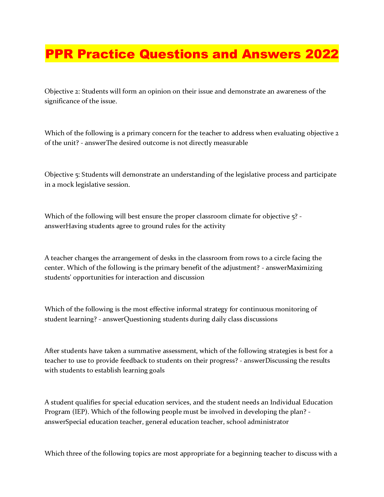 PPR Practice Questions and Answers 2022